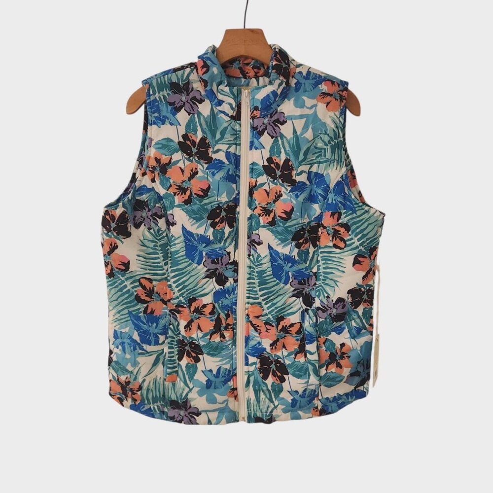 Caribbean Joe Quilted Vest Jacket Floral Hawaiian Full Zip Womens Medium NEW‎